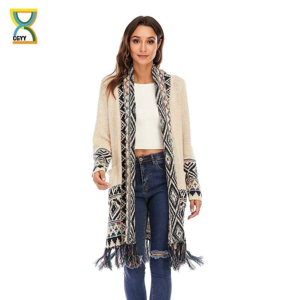 CGYY Women's Colorful Boho Sweater White Color Knitted Open Front Spring Autumn